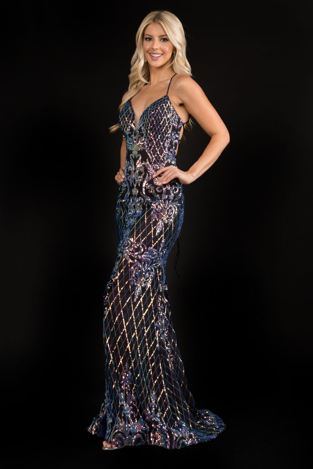 Nina Canacci 1517 long embellished mermaid prom dress backless corset v neckline small train evening gown Color:  Black Multi  Size:  0,2,4,6,8,10,12,