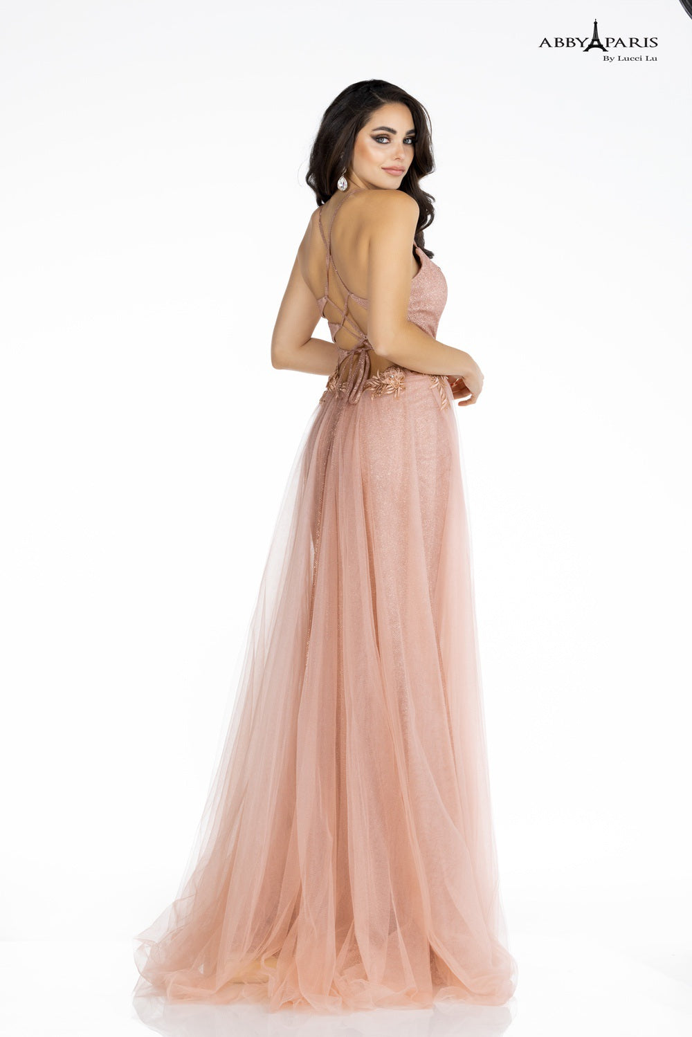 Abby Paris 90087 Long Shimmer Maxi Slit Prom Dress Pageant Gown Formal Shimmer  Available Sizes: 0-18  Available Colors: Navy, Rose Gold, White