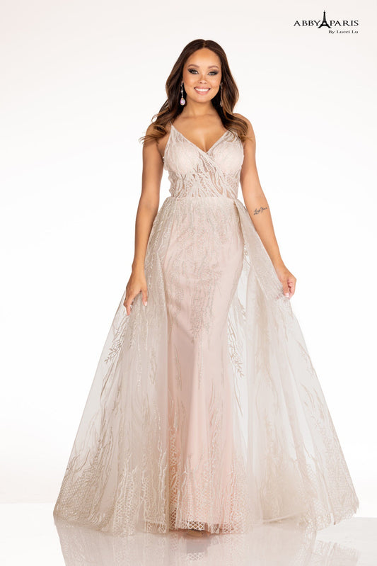 Lucci Lu 90091 Long Glitter Column Prom Dress overskirt sheer bodice Pageant Gown   Available Sizes: 0-12  Available Colors: Ivory/Blush, Ivory/Light Blue, Ivory/Nude