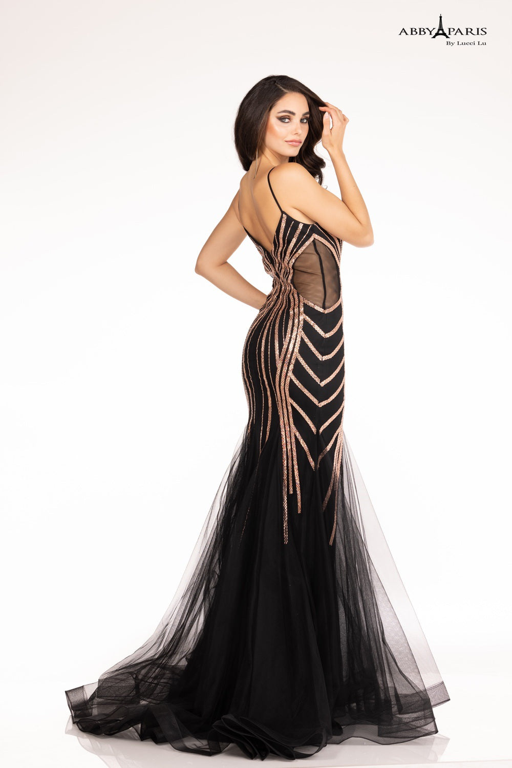Abby Paris 90107 Long Fitted Mermaid Prom Dress Sheer Embellished Pageant Gown  Available Sizes: 0-18  Available Colors: Black/Gold, White/Gold