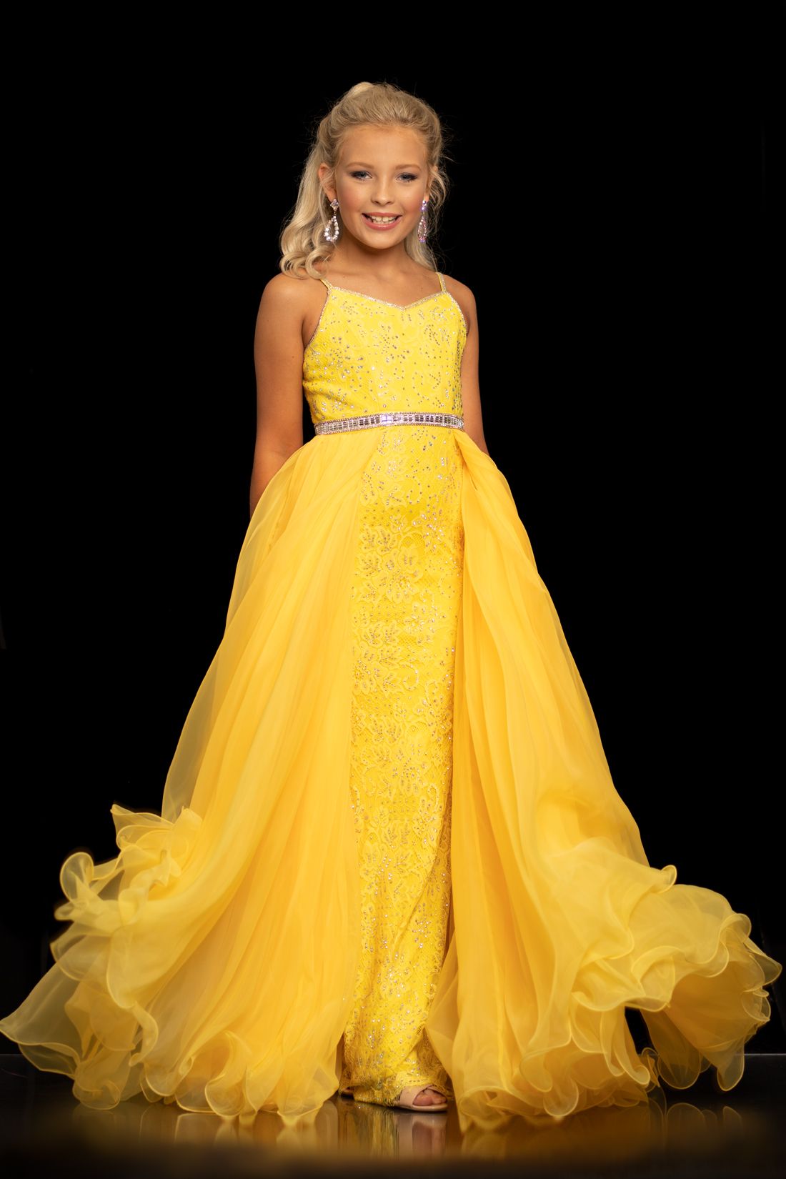 Sugar Kayne C117 Size 6 Yellow girls pageant dress overskirt column lace organza