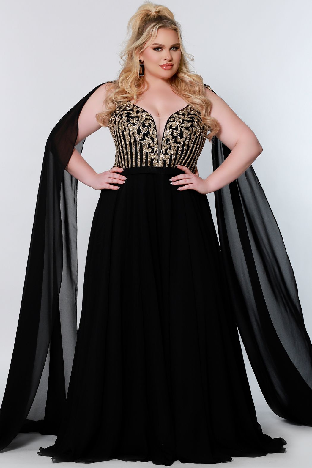 Sydney's Closet SC7331 Size 16 Ivory Gold Long Pageant Gown Cape Plus Size Prom Dress Sydney's Closet SC7331 Size 16 Ivory Gold Long Pageant Gown Cape Plus Size Prom Dress