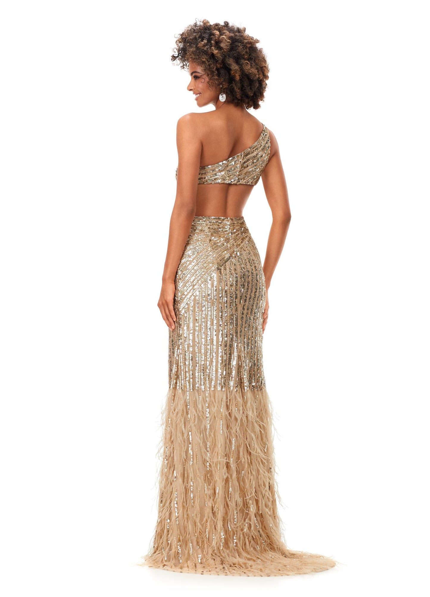 Ashley Lauren 11350 This striking one shoulder gown is accented with an asymmetric bead pattern to accenuate your curves. The fitted skirt is completed with feathers near the hemline and a left leg slit. One Shoulder Feather Details Left Leg Slit Fully Hand Beaded COLORS: Gold, Ivory, Black, Red