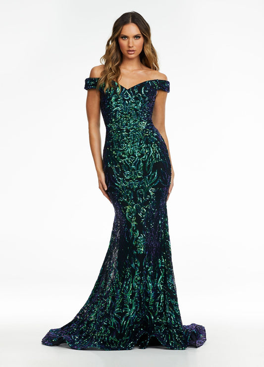 Ashley Lauren 11112 Size 8 Emerald Off the Shoulder Sequin Gown mermaid Prom Dress