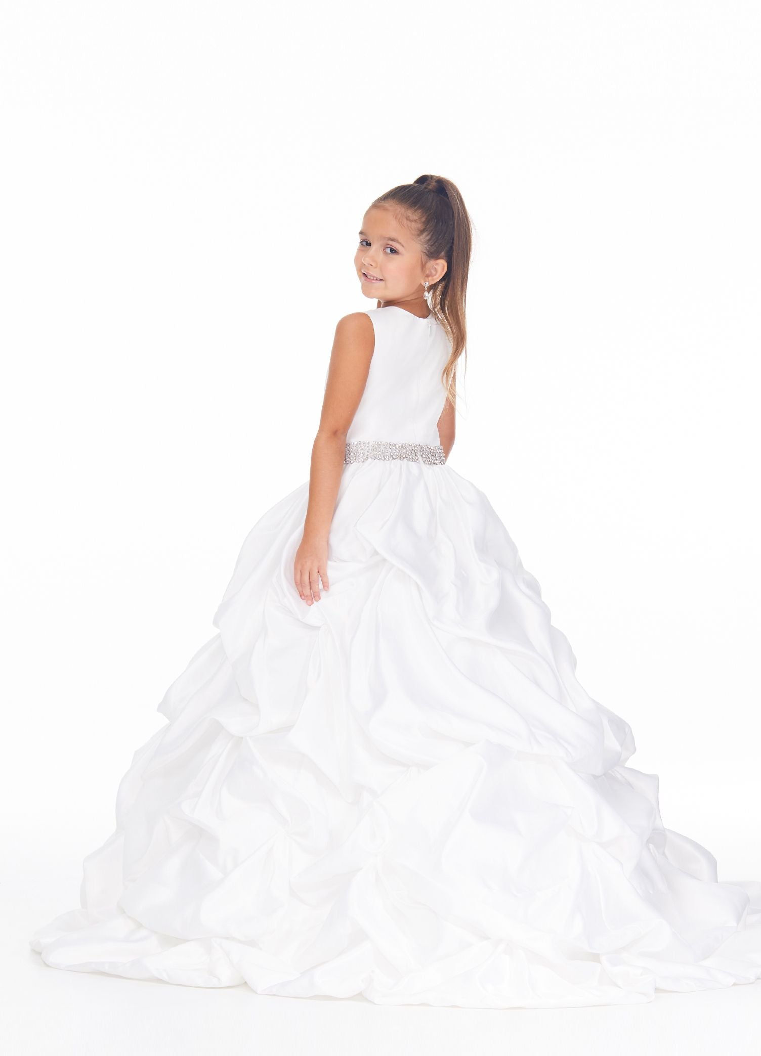 Ashley Lauren 8036 The perfect princess dress is here! This girls and preteens crew neckline pageant gown features a crystal belt at the waist and a full pick-up ball gown skirt.  Colors Ivory, Sky  Sizes  2, 4, 6, 8, 10, 12, 14   A-Line Crystal Beaded Belt Crew Neckline Pickup Skirt