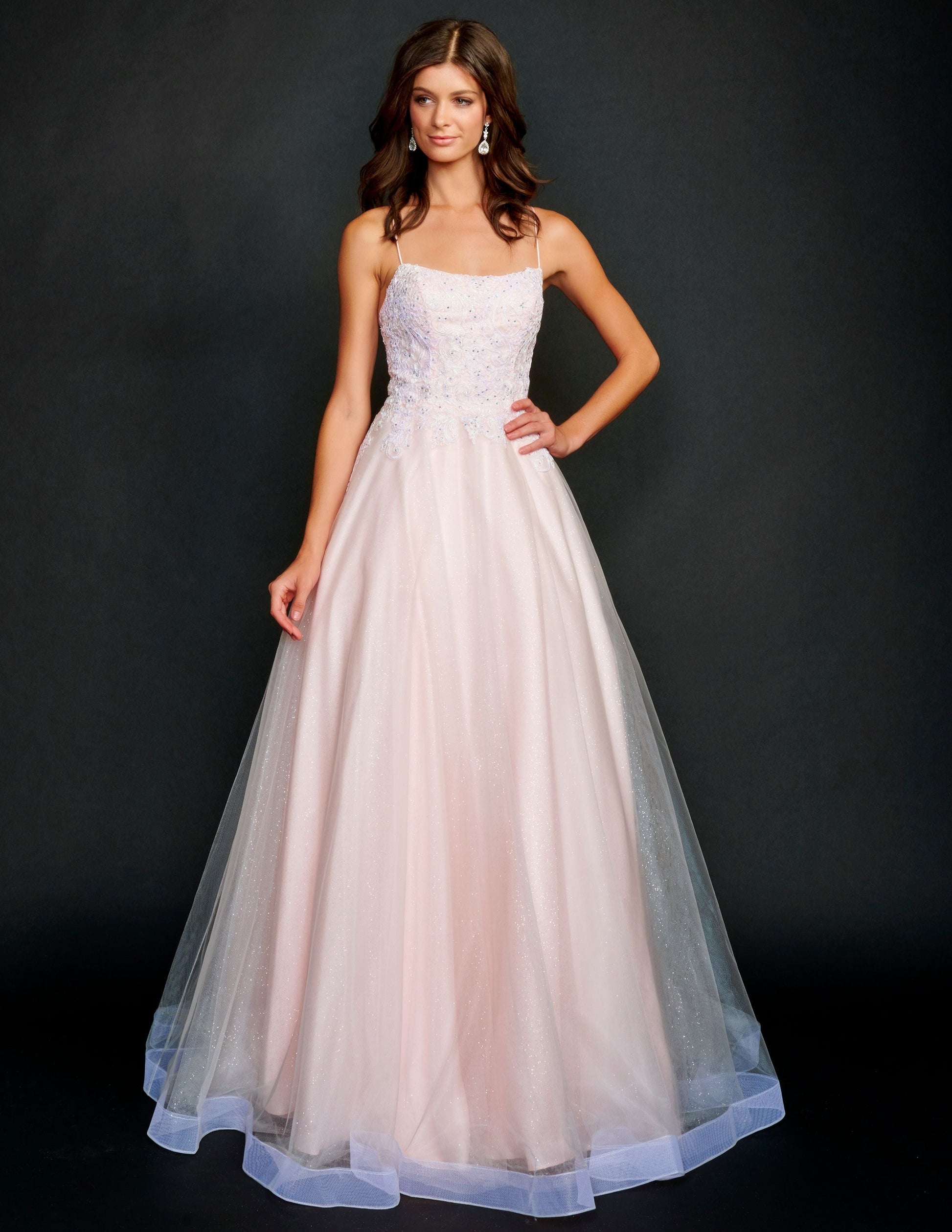 Nina Canacci 3203 Long shimmering lace Ballgown Prom Dress Pageant Gown Sheer shimmer embellished lace back with corset. Glitter tulle ballgown skirt  Available Size- 2, 8, 10, 14  Available Color- Light Pink