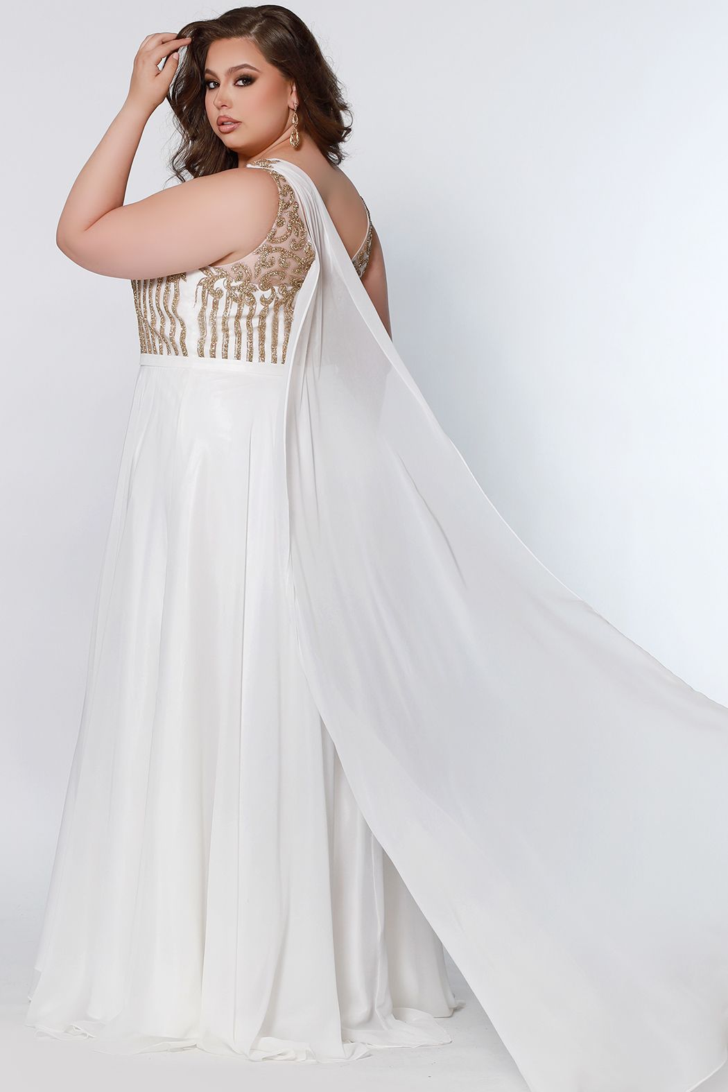 Sydney's Closet SC7331 Size 16 Ivory Gold Long Pageant Gown Cape Plus Size Prom Dress