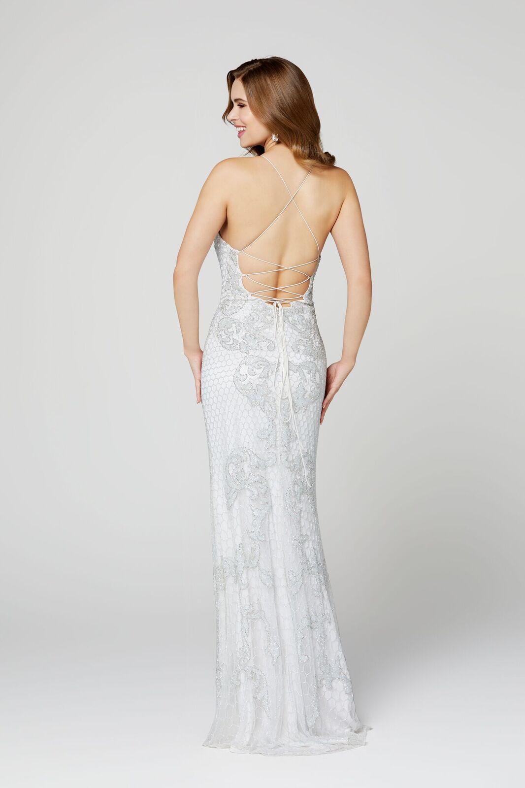 Couture 3438 high neckline open back with criss cross tie spaghetti straps and side slit beaded evening gown. Stunning Prom Dress & Pageant Gown.  Formal Dress.