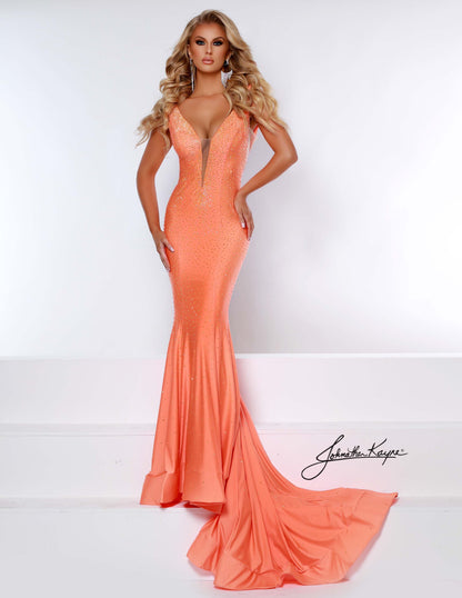 Johnathan Kayne 2305 Size 10 Sherbert Prom Dress Evening Pageant Dress V Neckline Embellished Mermaid Train