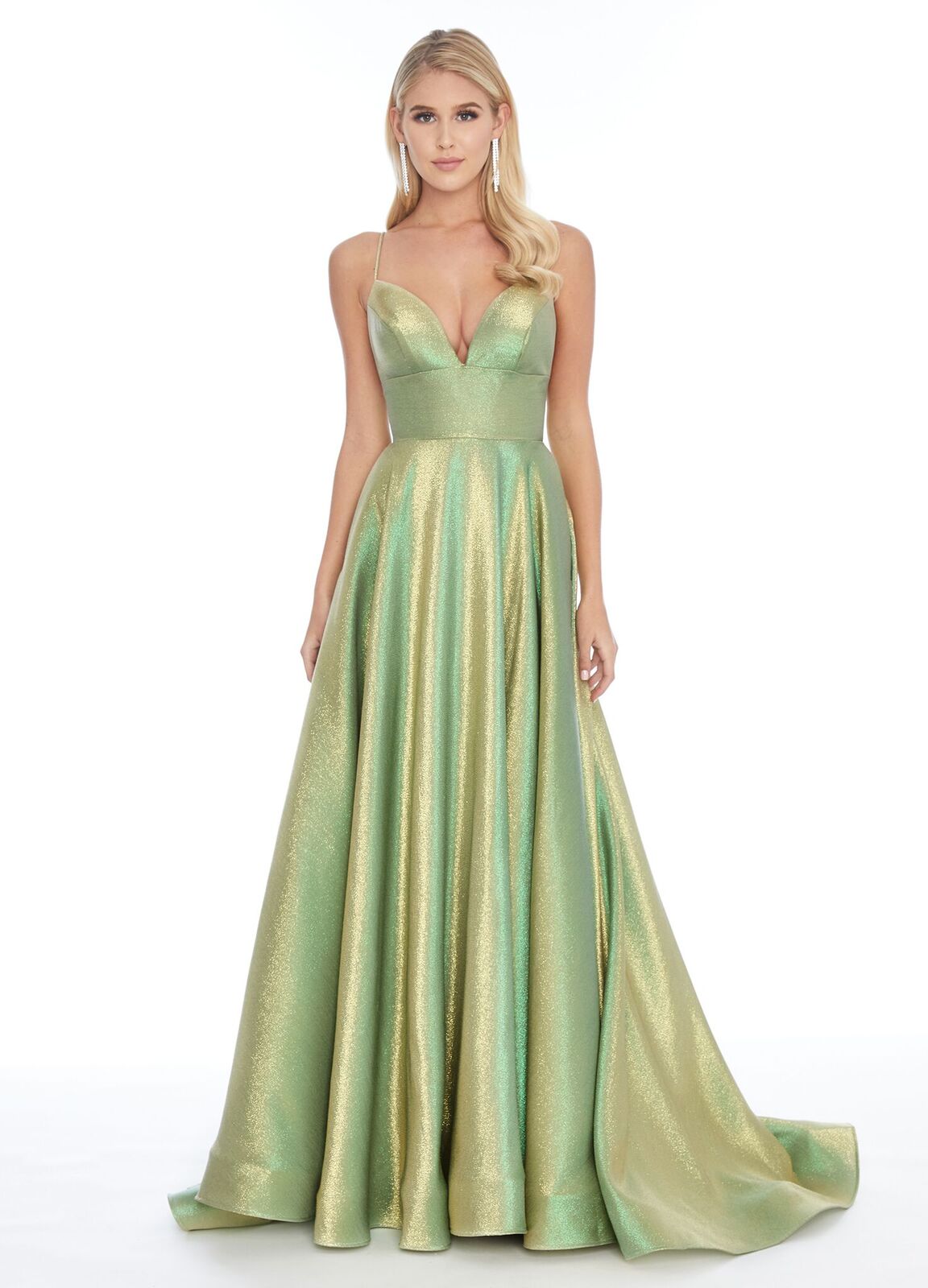 Ashley Lauren 1937 Lime/Gold Prom Dress sz 12, 14 Metallic shimmer v neckline