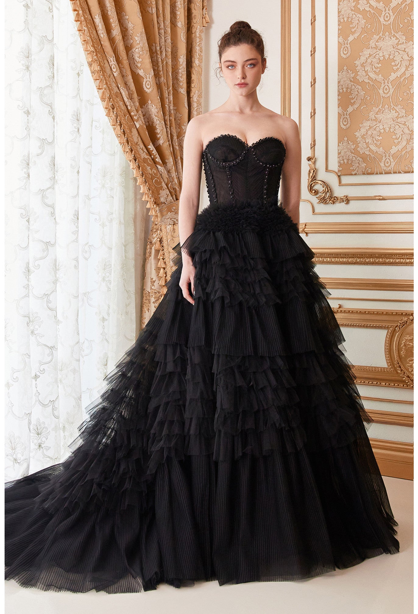 Andrea & Leo Couture A1017 Luxurious Prom Dress Long Layer Pleated Ruffle  Ballgown Lace Corset Formal Gown