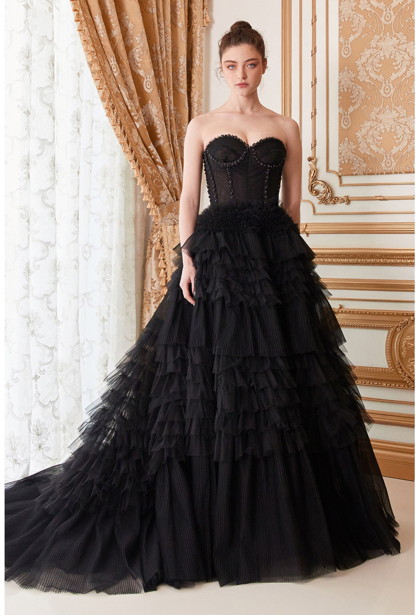 Andrea Leo Couture A1017 Luxurious Prom Dress Long Layer Pleated Ruffle Ballgown Lace Corset Formal Gown