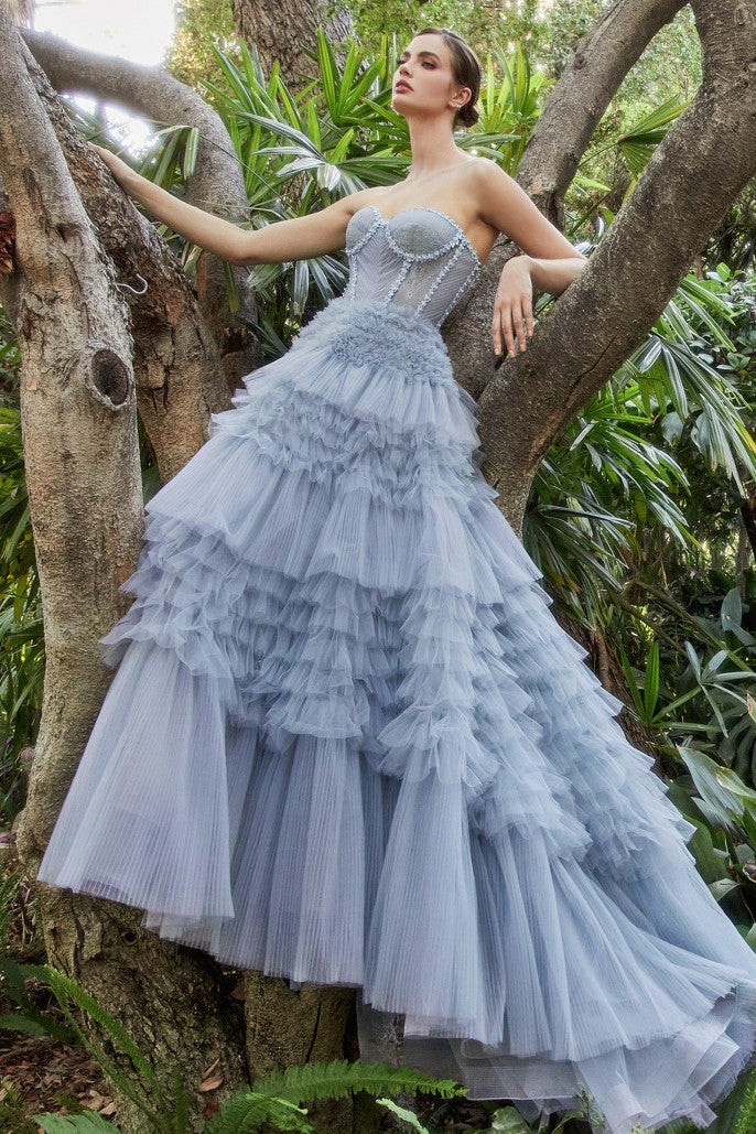 Andrea & Leo Couture A1017 Long Layered Prom Dress Pleated Ruffled Ballgown Lace Corset Formal Gown 4 / Paris Blue