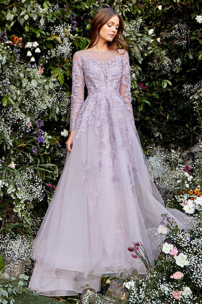 Andrea & Leo DIANA A1024 Long Sleeve A Line Formal Dress Wedding Mother Of Gown Regal, elegant yet soft, Diana Gown is truly a gown for a queen. Luxurious violet embroidery glitters with embedded crystals and beautifully frames the bodice, embellish the long sleeves, and continues down the A-line skirt. The soft sheer violet layers of the skirt is elongated at back hem for a dramatic ball gown silhouette.   Available Sizes: 6-16  Available Color: French Violet