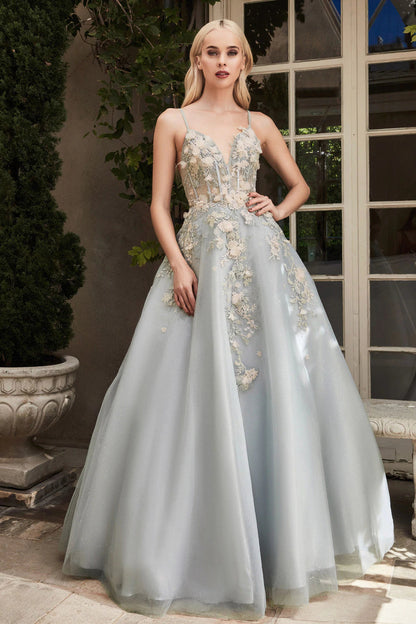 Andrea & Leo TIANA A1040 Long Shimmer A Line Ballgown 3D Lace Formal Dress Sheer Gown Andrea & Leo A1040 this gown features blush 3D organza florals appliqués over sage embroidery on a sheer corset bodice. The A-line silhouette accentuates the wearer's waist, and the ballgown skirt truly brings forth the fairytale aesthetic. Soft, romantic, and ethereal, this ballgown is reminiscent of forgotten gardens.  Available Sizes: 4-14  Available Colors: Sage