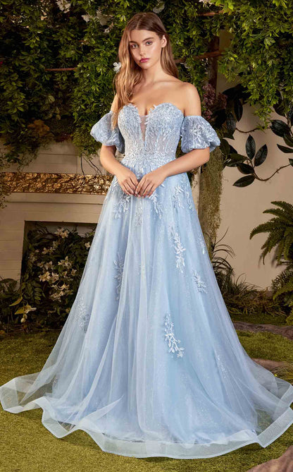 willow embroidered ruffle evening dress Andrea & Leo WILLOW A1046 Size 12 Shimmer A Line Lace Dress Off Shoulder Puff Sleeve Gown