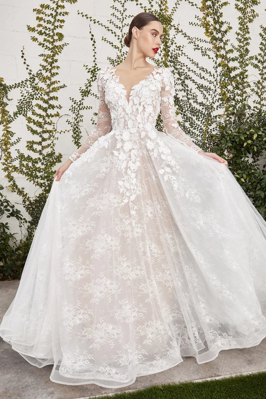 Andrea & Leo Couture YVAINE A1067 Long Sleeve 3D Lace Wedding Dress A Line Bridal Gown Fall in love with Yvaine Gown's beautiful, white florals. Yvaine is hopelessly romantic with 3D floral vines that fall along sheer sleeves & soft A-line silhouette. Classic V-neckline is edged with flower petals, accentuating the bride's countenance. The subtle nude tone of the lining adds to the sensual nature of this beautifully crafted gown.