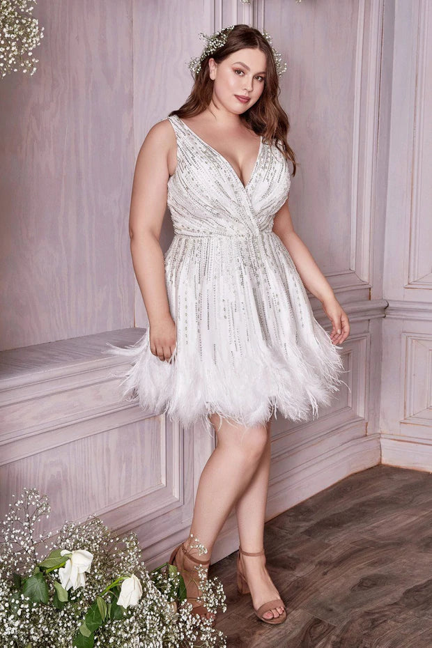 Andrea & Leo Couture WREN A1012 Short Beaded Feather Cocktail Dress V Neck Formal Gown Wren Dress is the perfect cocktail dress you have been dreaming of. It features flared a-line skirt with fitted wrap bodice that hugs the waist and shows off the best assets. Glamourous sparkle of the beads & rhinestone fall along the body and lead to feathered hem. This Downtown-meets-Swan Lake dress is undeniably fashionable