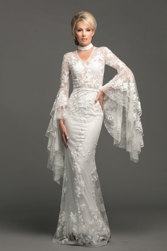 Johnathan Kayne Bridal B110 is a stunning fitted Ivory lace over nude wedding dress with Floral lace appliques. v neckline with choker. Lush long lace bell sleeves and a sweeping sheer lace train. sheer bodice & back.  Available Size: 12  Available Color: Ivory/Champagne