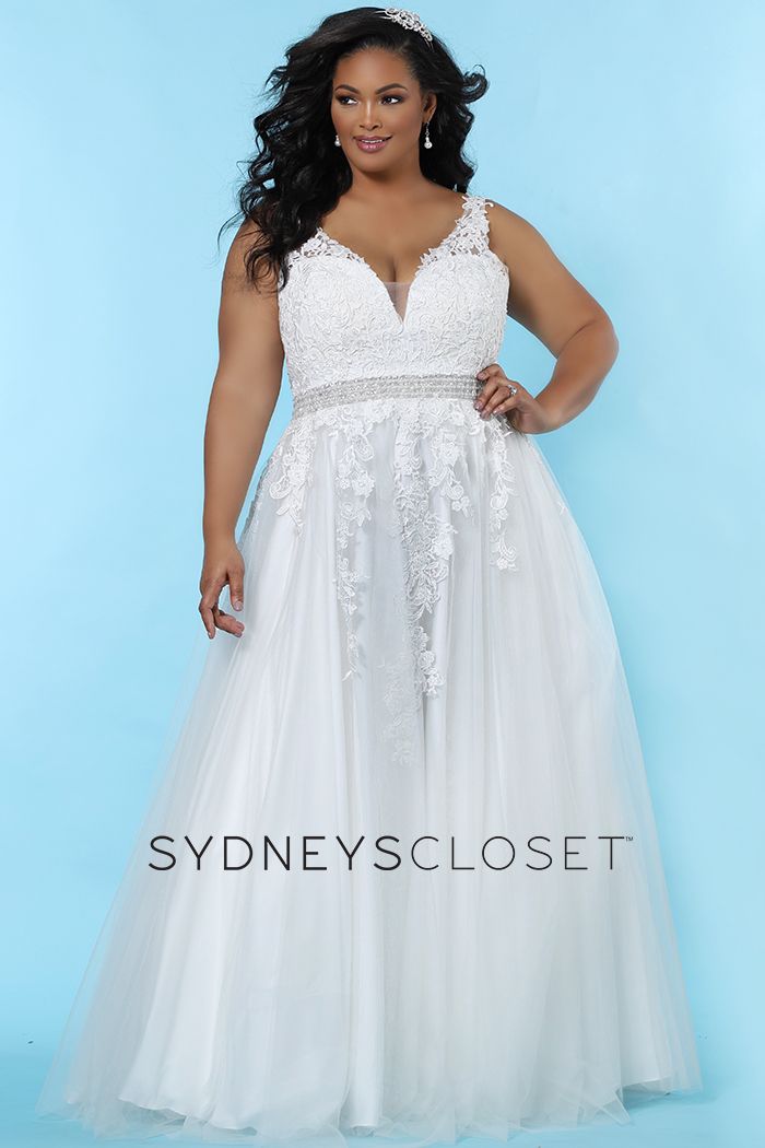 Sydney's Closet SC 5230 Kelly Anne Be a beautiful curvy bride in a floral lace embroidered wedding dress in simple, modern A-line design. Magnificent hand beaded belt accentuates your curves. Deep V-neck adds a modern design element. Lace appliques with clear sequins create just a hint of sparkle in the bodice and tulle skirt. Designer Sydney's Closet Style SC5230 for full figure brides sizes 14 to 40.