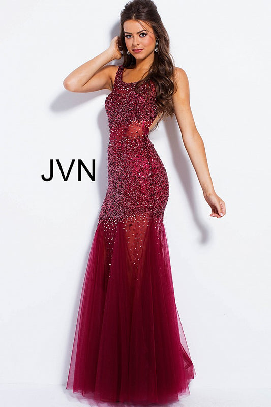 Jovani JVN 55771 Size 0 Wine beaded tulle sheer beaded prom dress jvn55771