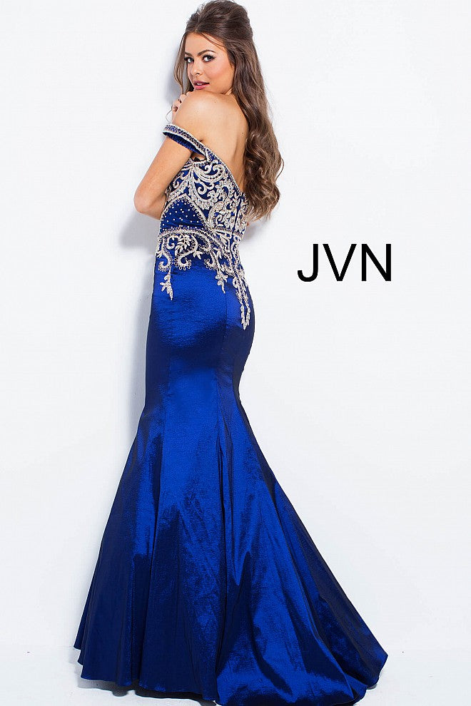 JVN61193 Off the shoulder embellished embroidered lace long mermaid prom dress available in  Navy