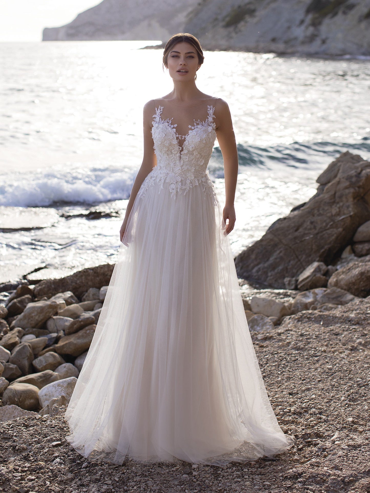 White One Bridal BETHANY Size 14 Long Sheer Glitter Wedding Dress Applique