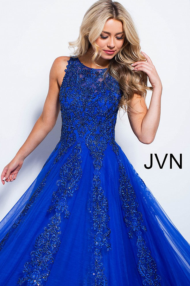 JVN59046 Royal lace applique long prom dress ball gown evening gown with sheer lace back with zipper and sheer lace neckline 