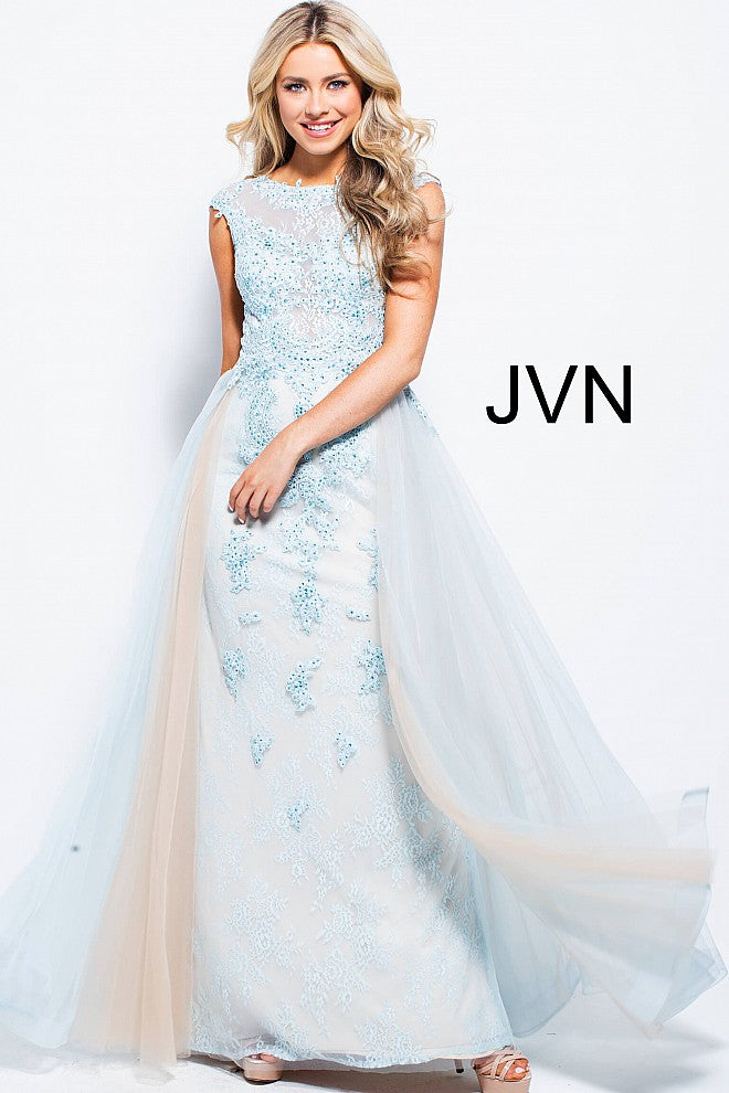 JVN by Jovani 58023 Size 0 Royal high neck prom dress overskirt lace cap sleeve