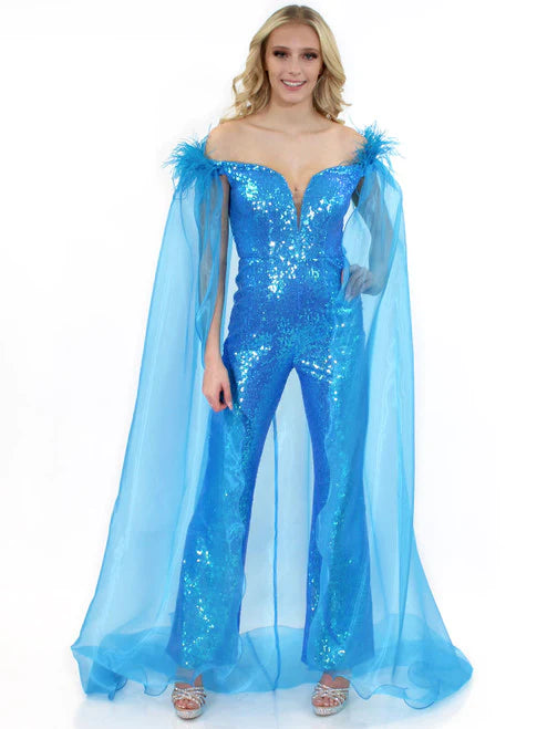 Marc Defang 8099 This is a long pageant formal wear jumpsuit that is made of sequins and has off the shoulder straps.  The straps are attached to a cape with feathers at the shoulders.  Wow the crowd at your next pageant.  Available colors:  Pink, Turquoise, White, Black, Royal  Available sizes:  00, 0, 2, 4, 6, 8, 10, 12, 14, 16   