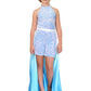 Marc Defang 5033 Short Girls sequin Pageant Romper high neck fun fashion  Sparkle Iridescent colors  Fully beaded Halter Neck Back Straps  Side Pockets Knitted inner comfort lining Available Sizes: 4-14  Available Colors: Cinderella Blue, White Pageant fun fashions kids girls