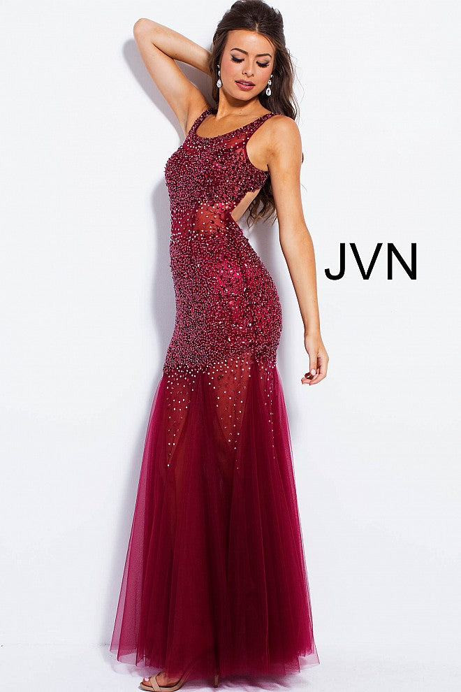 Jovani JVN 55771 Size 0 Wine beaded tulle sheer beaded prom dress jvn55771