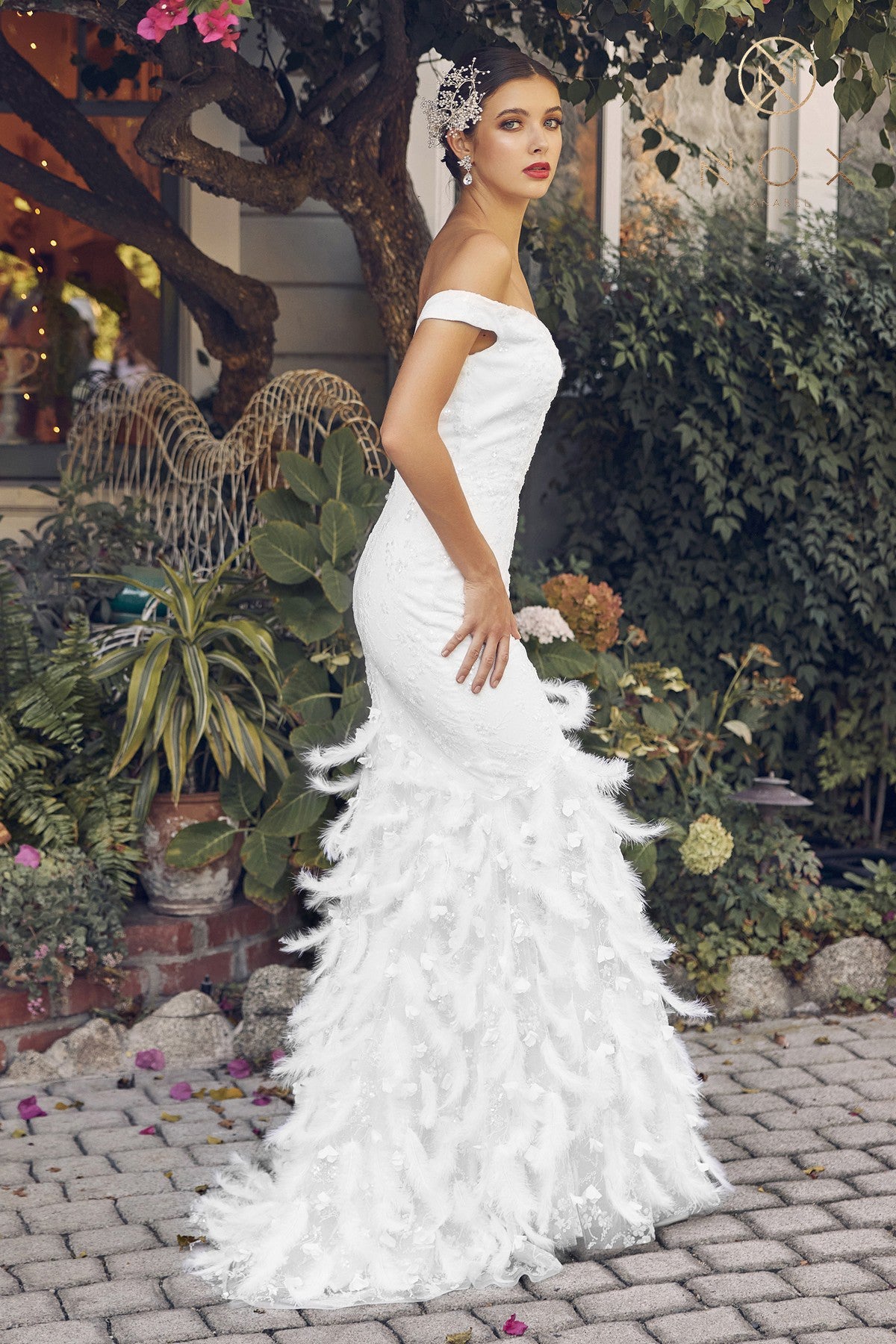 Nox Anabel C1106W Size 8 White Long Fitted Mermaid Feather Lace Wedding Gown Prom Dress off the shoulder