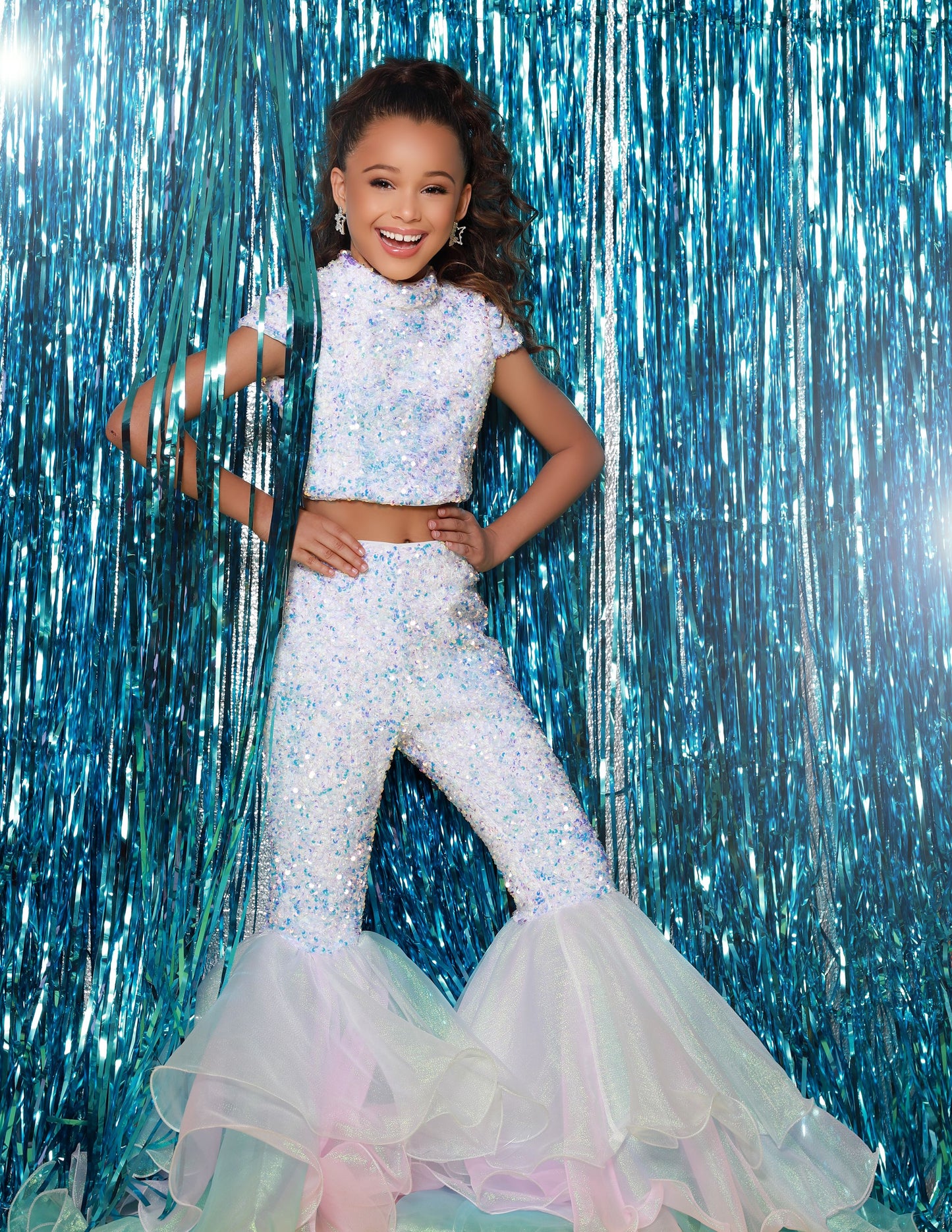 Sugar Kayne C164 Girls Two Piece Sequin Fun Fashion Jumpsuit Pageant Bell Bottom Backless