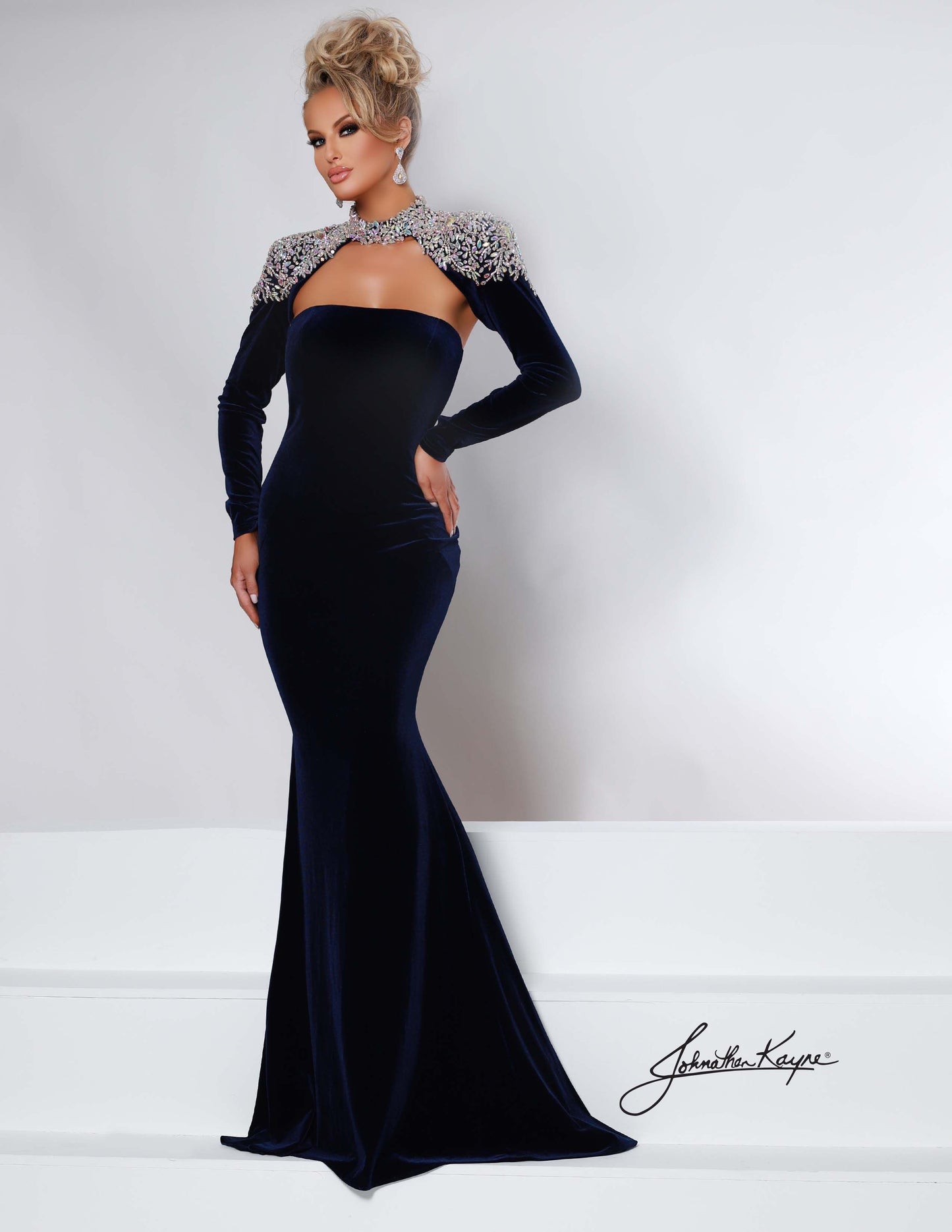 Johnathan Kayne Dress 2453 Velvet Pageant Long Prom Dress Crystal Bolero Jacket Embellished Cape