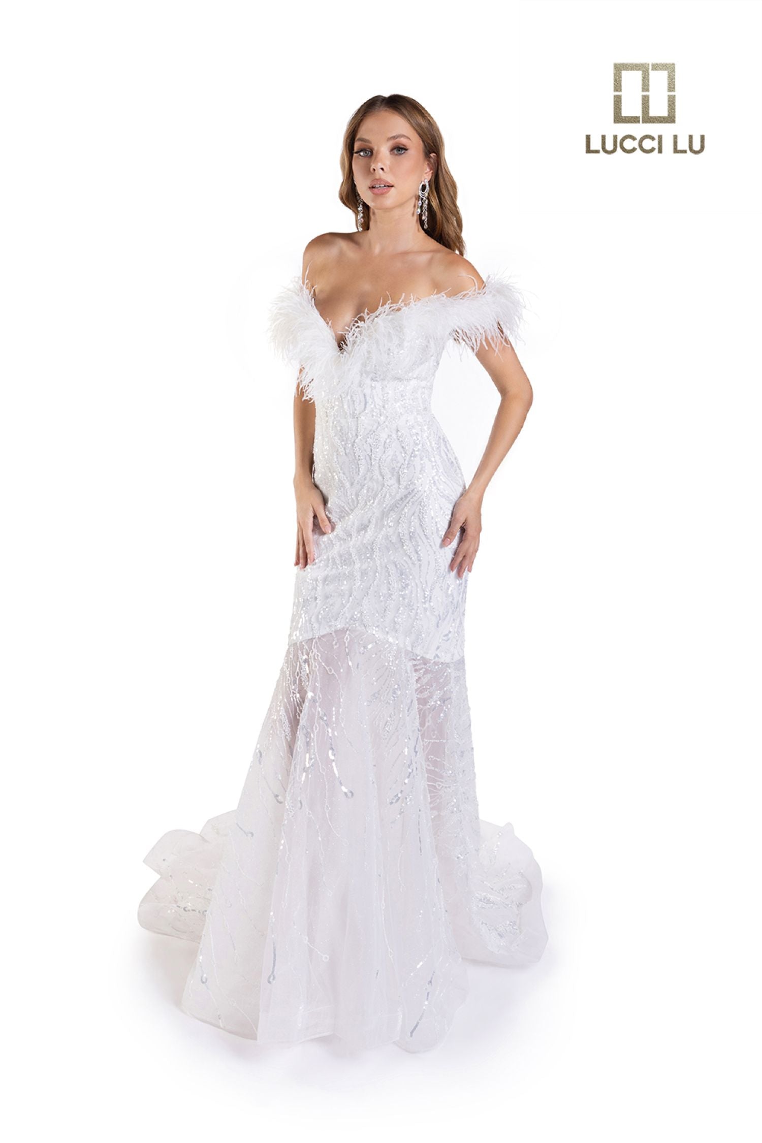 Lucci Lu C8051 Long Beaded sheer Shimmer off the shoulder Feather Mermaid Prom Dress Pageant Gown Wedding  or Bridal  Sizes: 4-20  Colors: White 