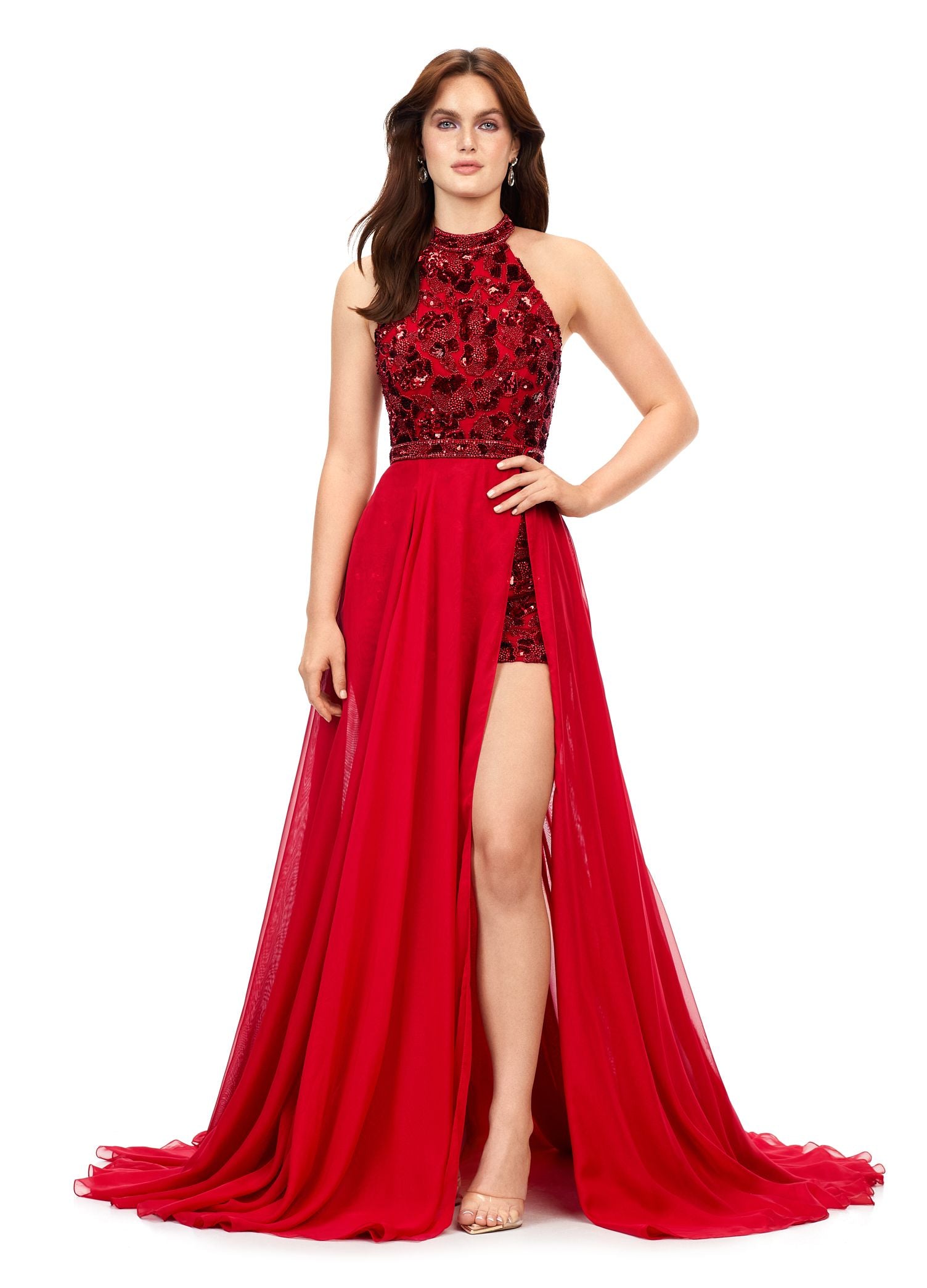 Ashley Lauren 11354 Beaded Halter Romper with Detachable Overskirt Formal Pageant Prom 2 / Red
