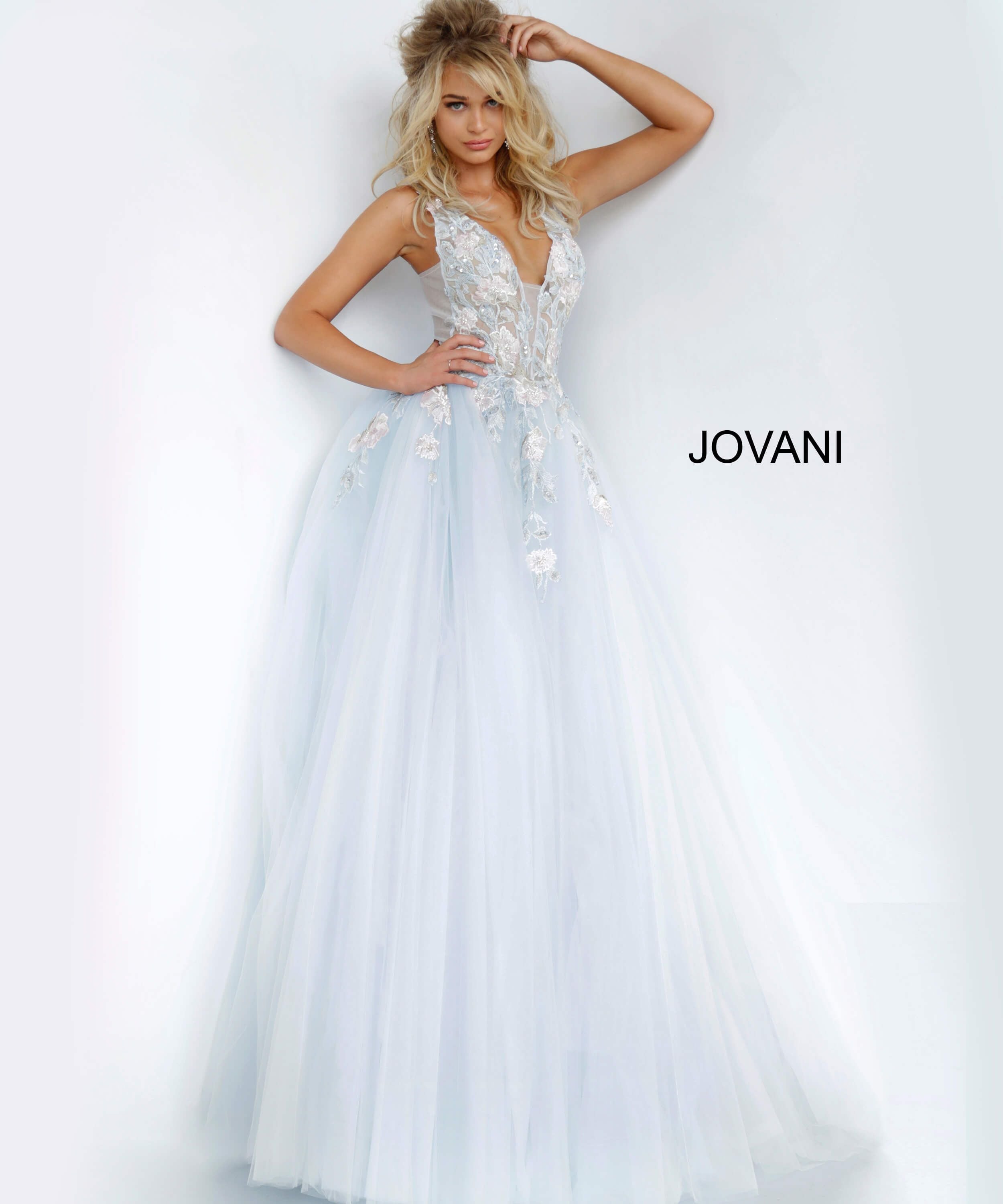 Jovani 11092 Long Sheer A Line Ballgown Formal Dress Floral Applique R ...