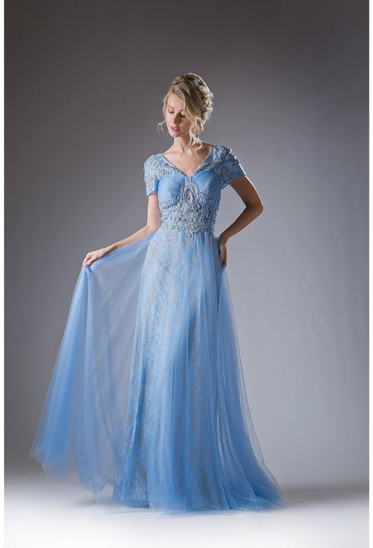 CD 004 Size 8 Long Lace Tulle Mother Of Dress Formal Gown A Line Wedding Guest Cap Sleeve