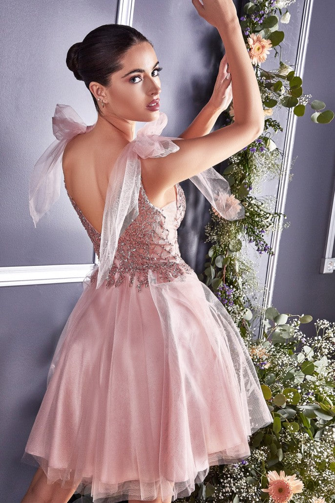 CD 0174 Size 10 Short Fit & Flare Sheer Beaded Formal Cocktail Dress Bow Strap Gown CD 0174 Size 10 Short Fit & Flare Sheer Beaded Formal Cocktail Dress Bow Strap Gown