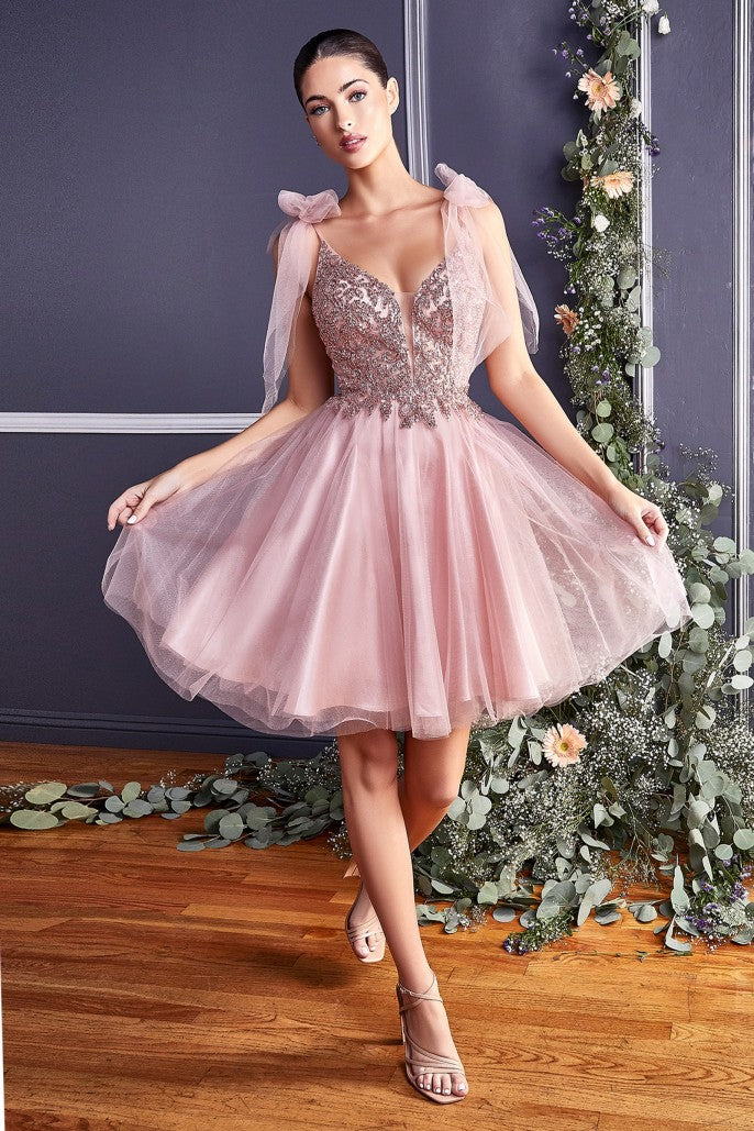 CD 0174 Size 10 Short Fit & Flare Sheer Beaded Formal Cocktail Dress Bow Strap Gown CD 0174 Size 10 Short Fit & Flare Sheer Beaded Formal Cocktail Dress Bow Strap Gown