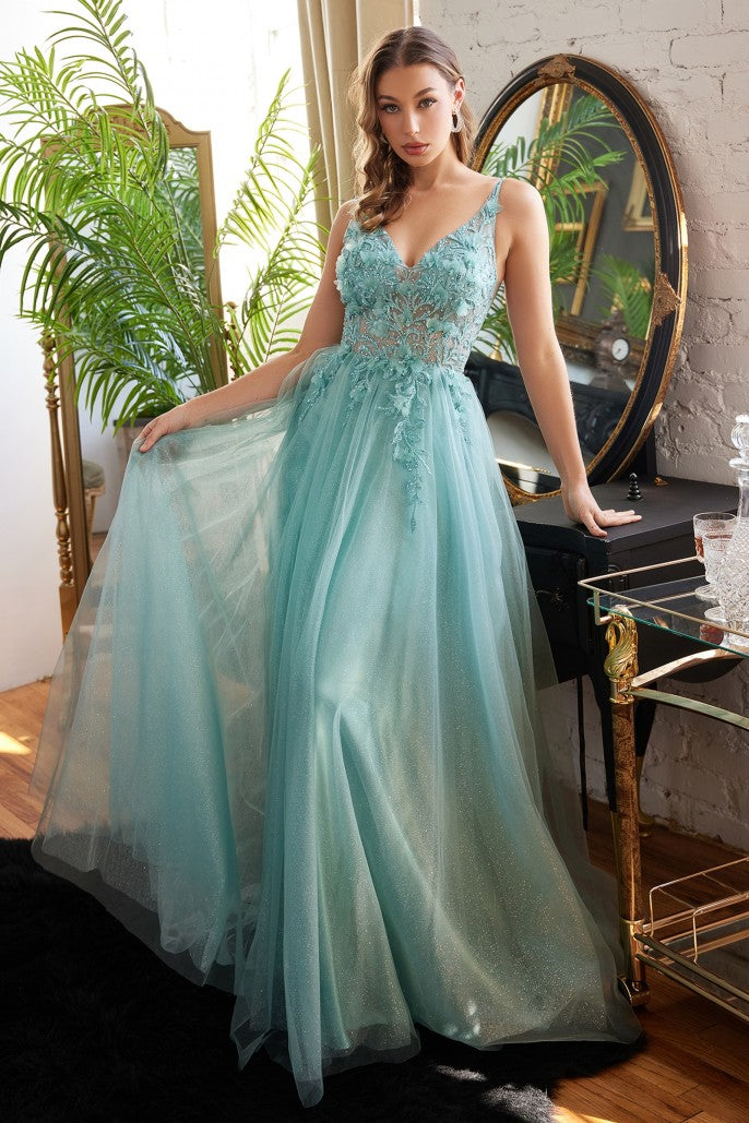 Ladivine CD 0181 Long A Line Sheer Shimmer 3D Floral Lace Prom Dress V Neck Formal Gown is designed for special occasions. This elegant designer piece is crafted from layered tulle and embellished with beaded lace and three-dimensional flowers blooming from the bodice, creating a fairytale effect. It also features a V-neckline and open swoop back, making it a timeless piece perfect for Prom or any formal event.  Sizes:   Colors: XS-3X (Size Chart in Pictures)