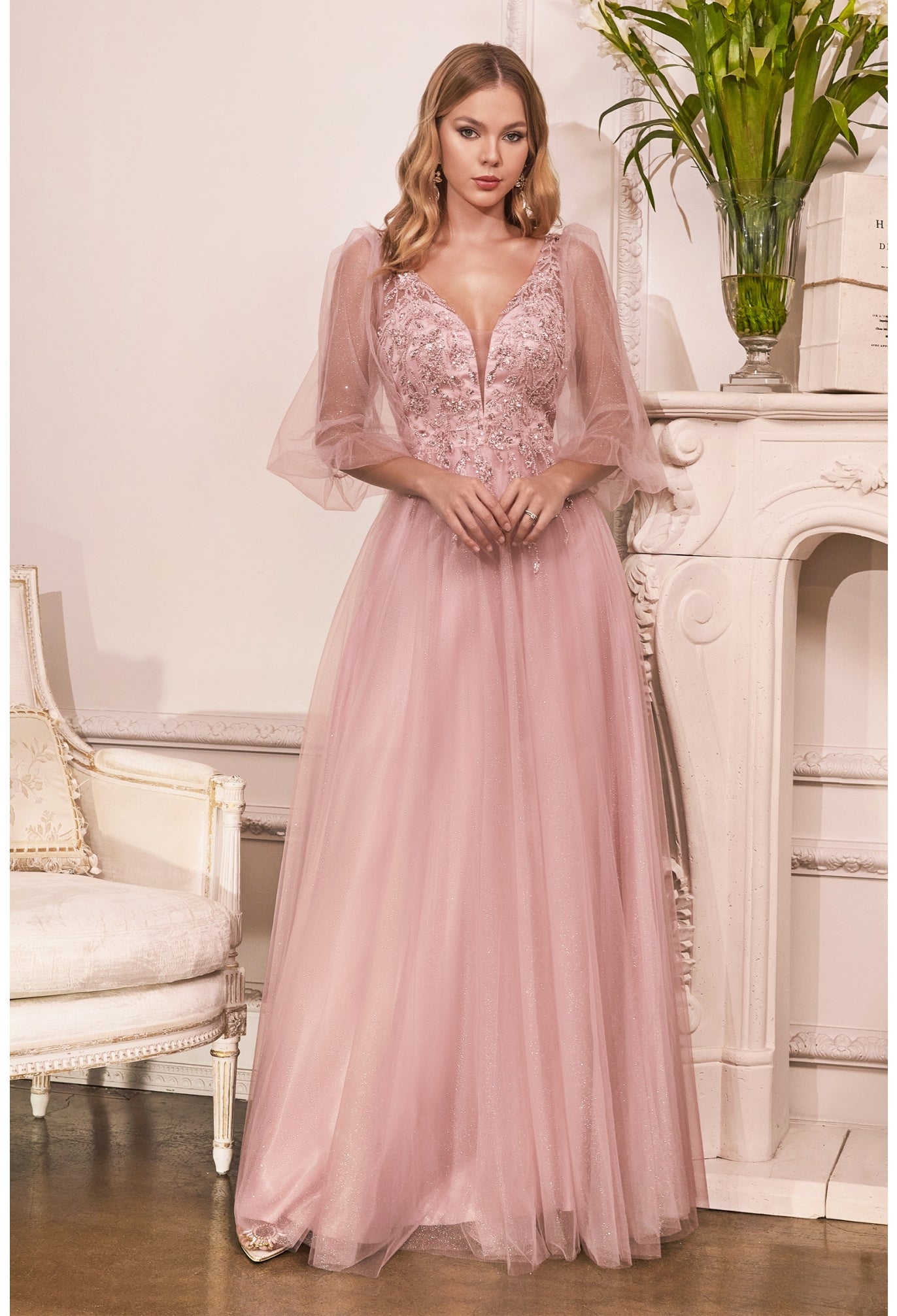 pink long sleeve prom dress Pearl Tulle Ball Gown Off-the-Shoulder Sleeves Dresses, MP643 The crystal rhinestone waistband adds the perfect touch of sparkle Trendy Pink Illusion neck Long