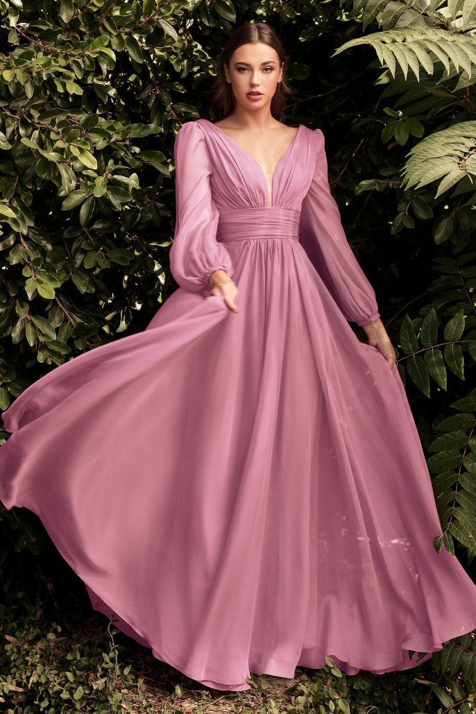 CD 0192 Size 8, 14 Long A Line Chiffon Long Sleeve Mother Of Dress Wedding Guest Gown
