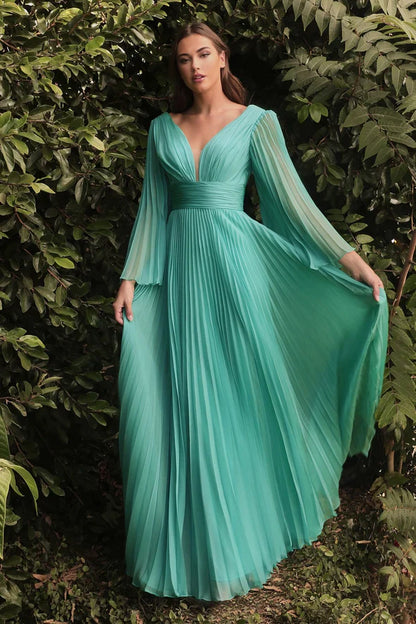 Ladivine CD242 Long Pleated Chiffon A Line Bell Sleeve V Neck Formal Dress Bridesmaid Gown An elegant and sophisticated option for attending a wedding or other formal occasion. This chiffon gown is pleated from sleeve to hem and gathered at the deep v-neckline and waist. An open mid back has a center back zipper closure.  Sizes: 6-24  Colors: Blossom Pink, Blue, Champagne, Jade, Lavender, Orchid, Red, Rose Gold, Teal, Yellow