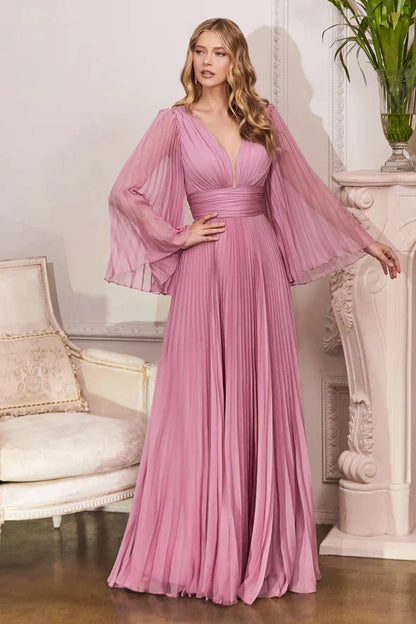Ladivine CD242 Long Pleated Chiffon A Line Bell Sleeve V Neck Formal Dress Bridesmaid Gown An elegant and sophisticated option for attending a wedding or other formal occasion. This chiffon gown is pleated from sleeve to hem and gathered at the deep v-neckline and waist. An open mid back has a center back zipper closure.  Sizes: 6-24  Colors: Blossom Pink, Blue, Champagne, Jade, Lavender, Orchid, Red, Rose Gold, Teal, Yellow