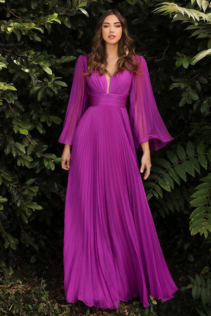 Ladivine CD242 Long Pleated Chiffon A Line Bell Sleeve V Neck Formal Dress Bridesmaid Gown An elegant and sophisticated option for attending a wedding or other formal occasion. This chiffon gown is pleated from sleeve to hem and gathered at the deep v-neckline and waist. An open mid back has a center back zipper closure.  Sizes: 6-24  Colors: Blossom Pink, Blue, Champagne, Jade, Lavender, Orchid, Red, Rose Gold, Teal, Yellow