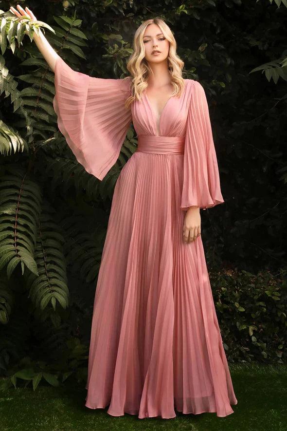 Ladivine CD242 Long Pleated Chiffon A Line Bell Sleeve V Neck Formal Dress Bridesmaid Gown An elegant and sophisticated option for attending a wedding or other formal occasion. This chiffon gown is pleated from sleeve to hem and gathered at the deep v-neckline and waist. An open mid back has a center back zipper closure.  Sizes: 6-24  Colors: Blossom Pink, Blue, Champagne, Jade, Lavender, Orchid, Red, Rose Gold, Teal, Yellow