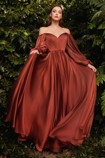 Ladivine CD243 CD243C Long Sleeve Chiffon A Line Formal Dress V Neck Bridesmaid Dress Bridesmaid Be tantalized by the allure of this fascinating Cinderella Divine CD243 creation. Fluttering into an ethereal silhouette, this gown flatters with a sweetheart neckline on a pleat-rendered bodice. Styled with a v-open back and framed with long bishop sleeves, the A-line skirt flutters into a floor grazing hemline with a sweeping train. Be impressed with the captivating style of this Cinderella Divine masterpiece.