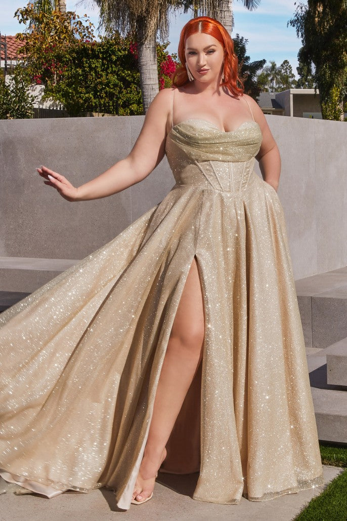 Ladivine CD252 Glittering Metallic Ball Gown Cinderella Divine, Champagne Gold / 14 Ladivine CD252 Glittering Metallic Ball Gown Cinderella Divine, Champagne Gold / 14